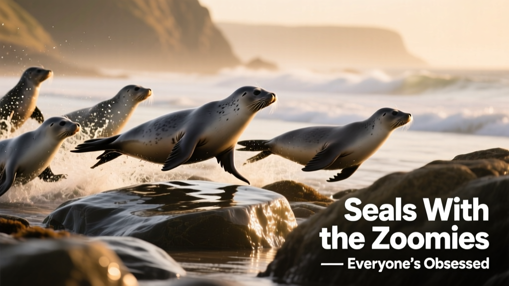 A group of gray seals playfully darting across wet rocks near the water's edge