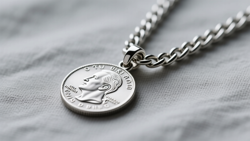 A thick 3mm sterling silver figaro chain attached to a heavy cast silver dollar pendant, shown against a soft grey linen backdrop.