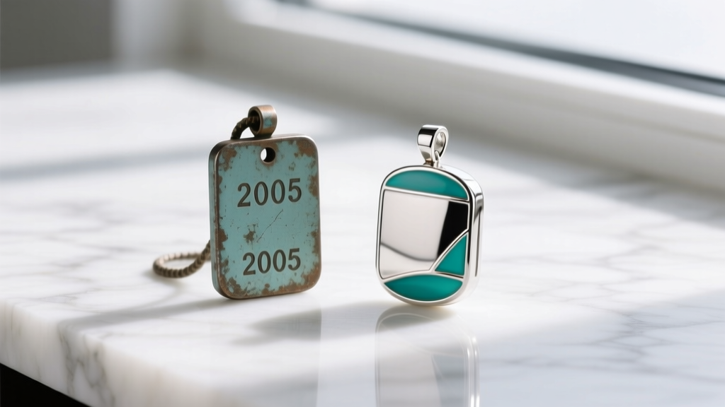 Faded 2005 zinc alloy movie amulet beside a pristine sterling silver and enamel replica on a bright white marble surface.