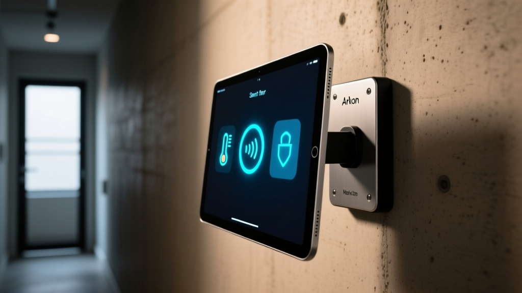 Close-up of an Arkon heavy-duty wall mount holding a 10-inch tablet in a dimly lit hallway showing glowing smart home sensor icons