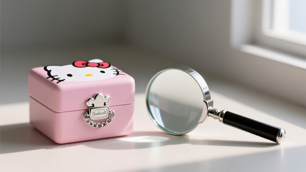 Sanrio Hello Kitty box beside a magnifying glass inspecting the tiny hallmark stamp engraved on the sterling silver chain clasp.