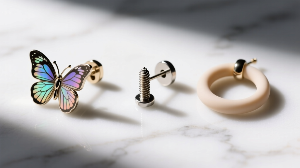 Side-by-side macro view of a butterfly friction back, a threaded screw back, and a silicone O-ring earring back on white marble