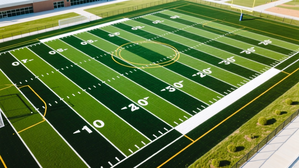 Aerial view of a newly constructed high school football field with alternating dark and light green synthetic turf stripes and painted white yard lines