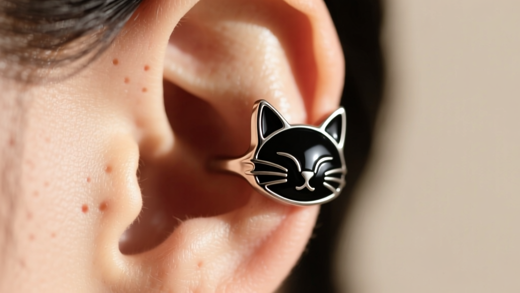 Macro shot of an implant-grade titanium kitty ear cuff with black enamel details, clamped onto a model's upper helix cartilage