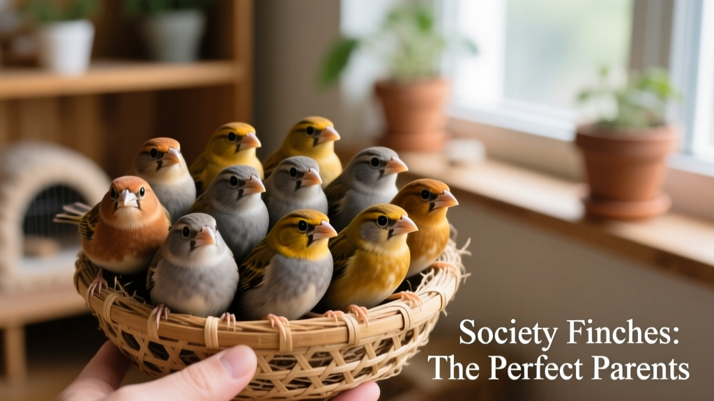 A cluster of 8–10 society finches tightly packed together inside a small woven nesting basket, all facing outward with alert, curious expressions