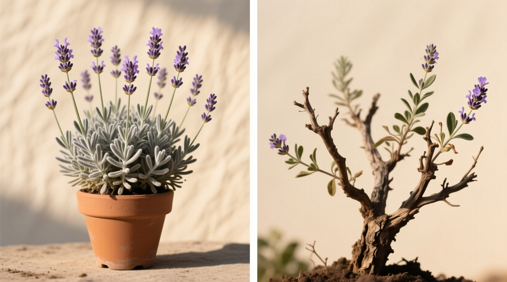 Side-by-side comparison: left, a healthy, compact potted lavender with dense silvery foliage and emerging flower spikes; right, a woody, open-centered specimen with bare lower stems, sparse leaves, and minimal flowering—both photographed in identical mid-morning light