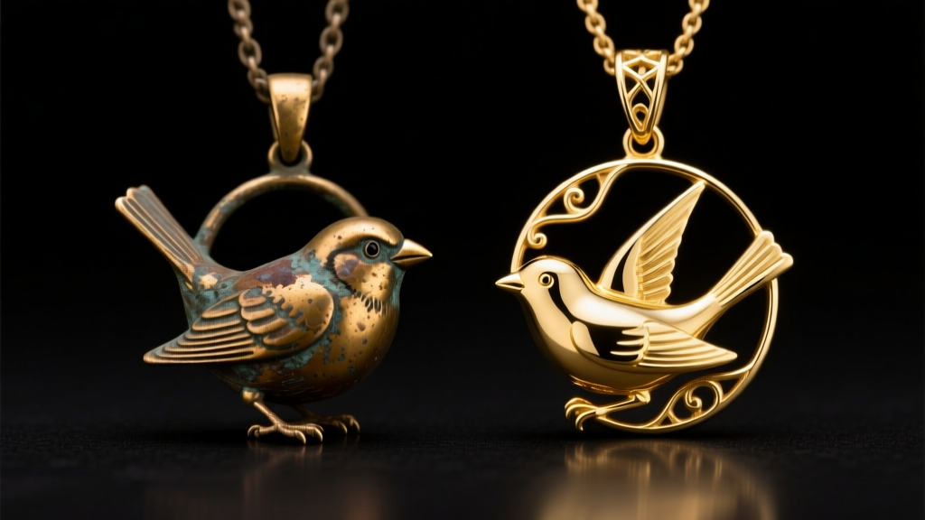 Side-by-side of a tarnished brass sparrow pendant and a restored 14k gold-filled sparrow pendant gleaming under studio lights.