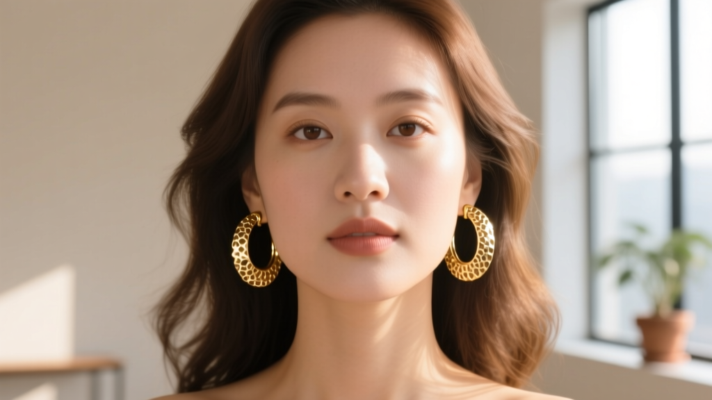 Portrait of a woman with a round face wearing 20mm textured hammered gold hoop earrings, illuminated by warm natural sunlight.