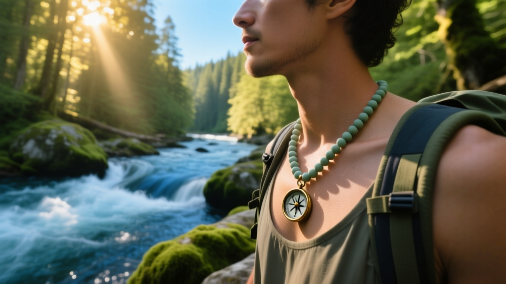 Hiker wearing a silicone bead necklace with a small compass pendant, standing near a rushing, rocky forest river in daylight.