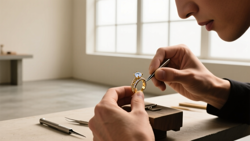Jeweler's loupe examining a white gold pendant clasp, revealing the slight yellow tint where the rhodium plating has worn away.
