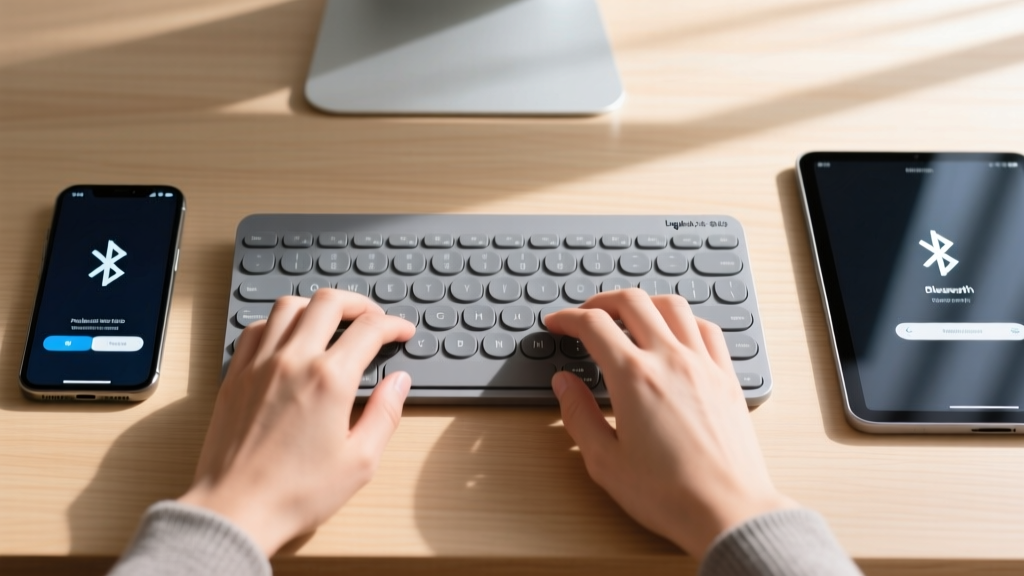 Close-up of hands typing on a Logitech Pebble Keys 2 K380s keyboard next to a smartphone and tablet showing multi-device Bluetooth switching