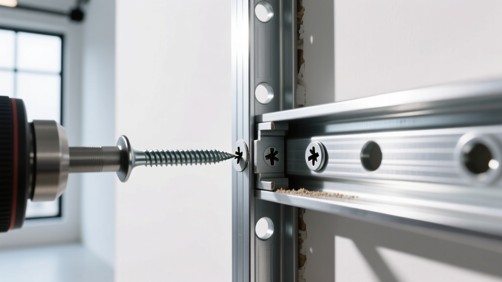Close-up of galvanized steel C-studs and tracks being assembled for an interior commercial partition wall with self-drilling screws