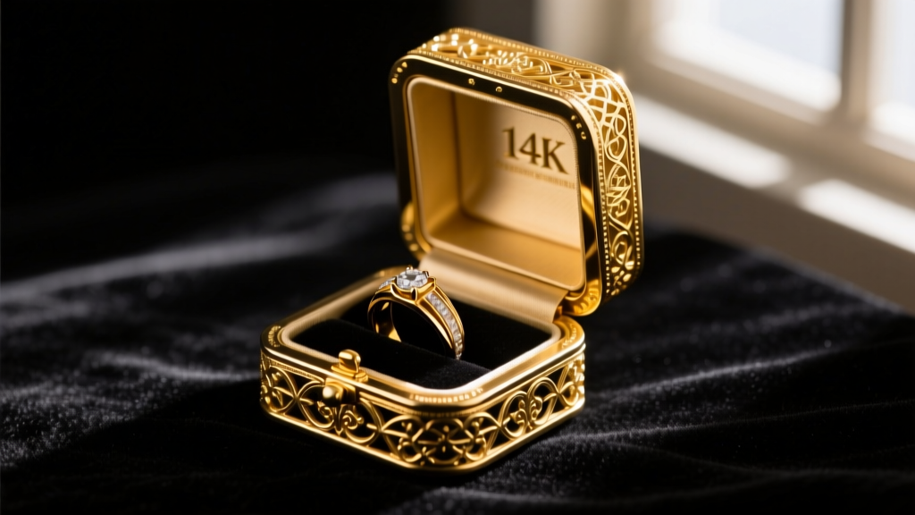 Close-up of an open 14k gold jewelry box ring revealing a hidden compartment, resting on dark velvet with dramatic side lighting.