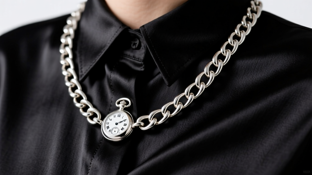 Close-up of a thick vintage sterling silver Albert watch chain necklace draped over a black silk blouse, soft studio lighting, macro