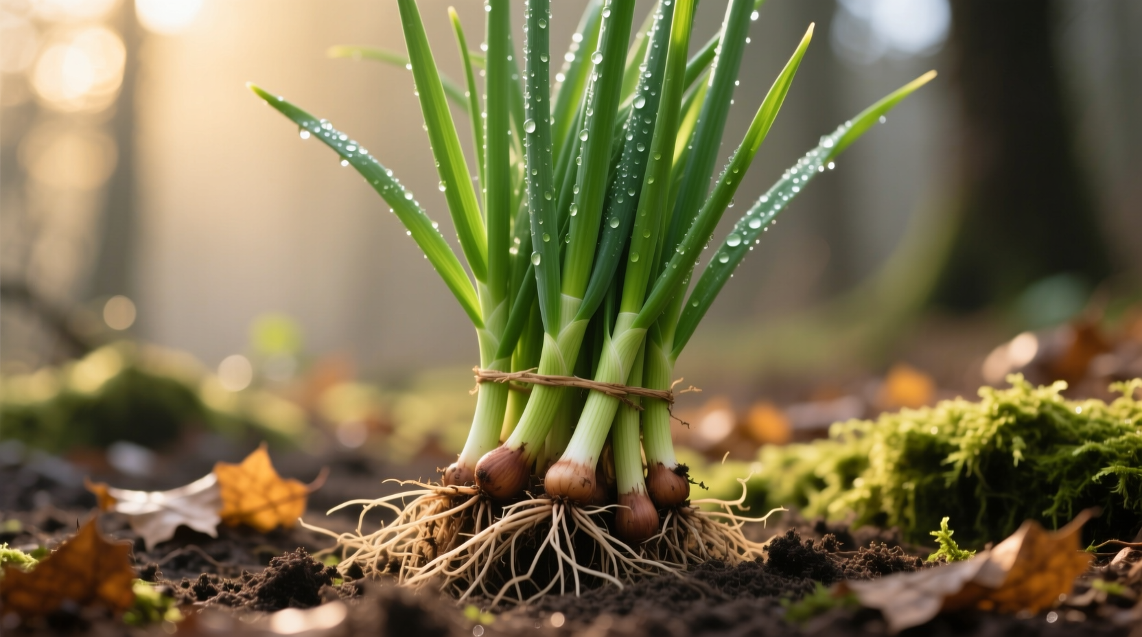 Fresh green garlic stalks with roots