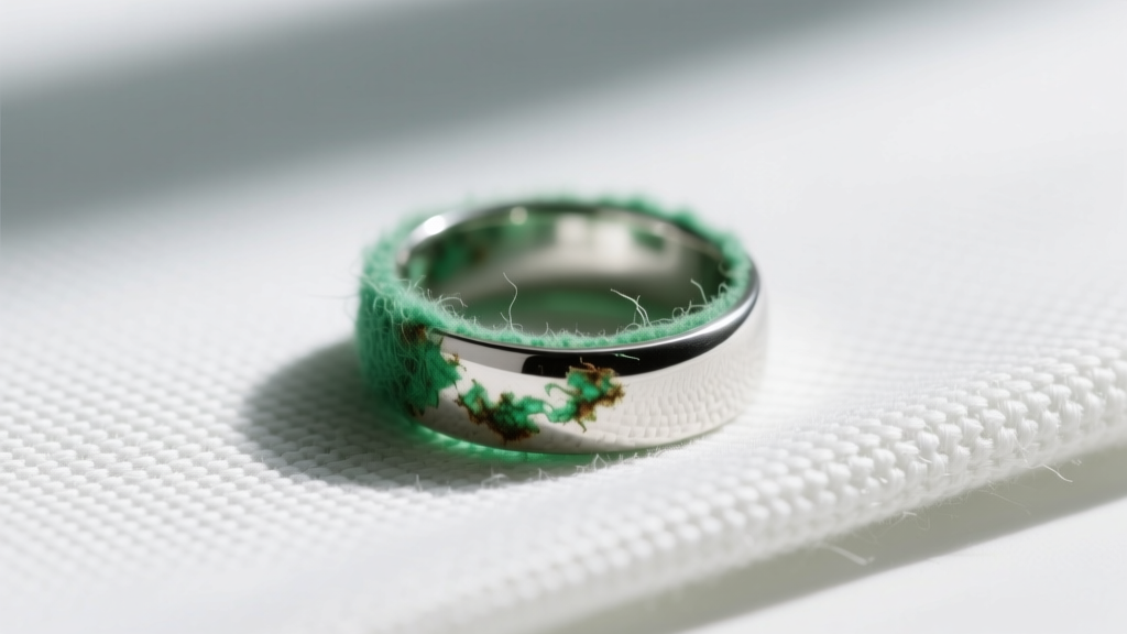 Macro shot of cheap felt lining showing green tarnish on a sterling silver ring, beside pristine treated anti-tarnish cloth fabric