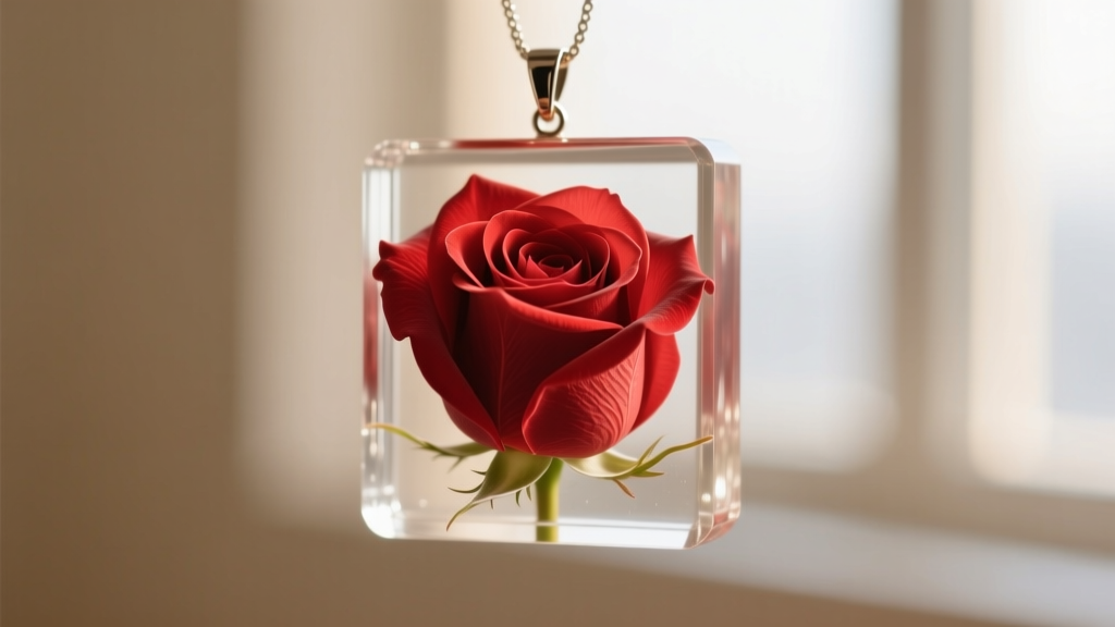 Macro photo of a preserved red rose in clear resin pendant, showing petal edges against a softly blurred neutral backdrop.