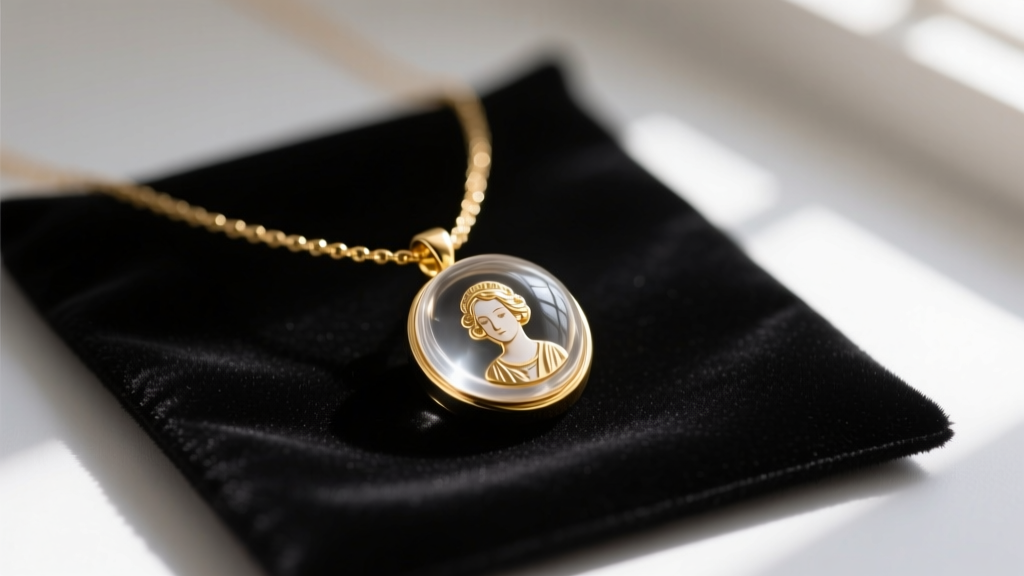 Close-up of a gold vermeil custom image necklace with a clear resin dome pendant resting on a dark velvet jewelry cleaning mat