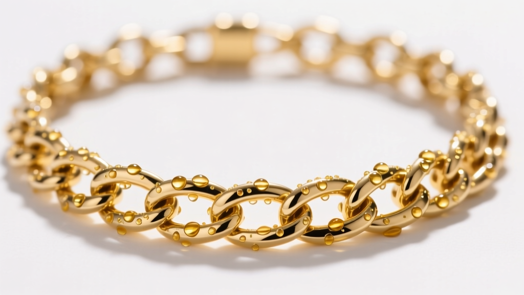 Close-up macro shot of a 38cm gold choker chain showing microscopic skin oil buildup between links under bright studio lighting