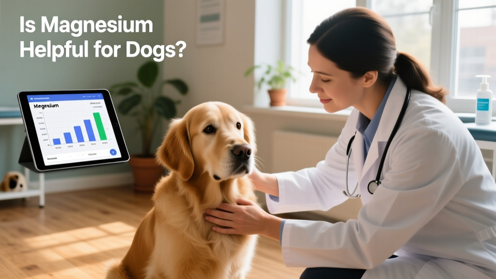 Veterinarian gently examining a calm, seated dog during a wellness check, with a digital chart visible showing electrolyte values