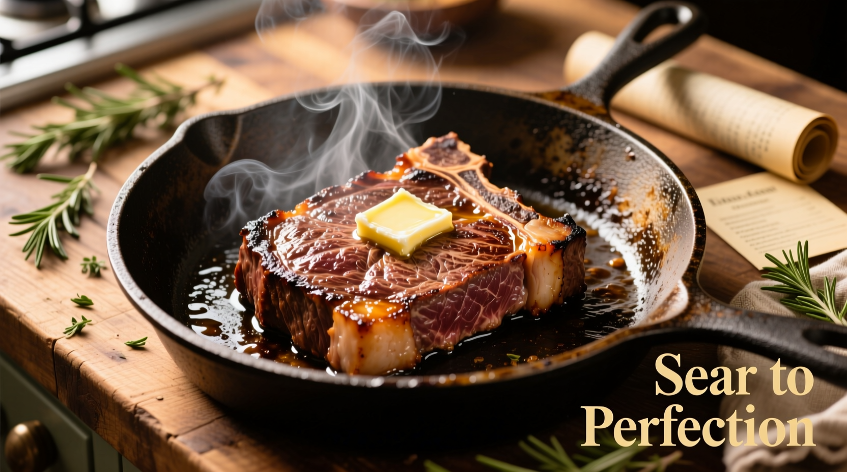 Juicy cube steak searing in cast iron frying pan