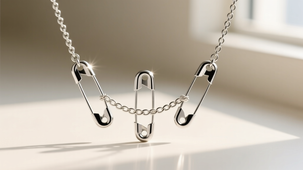 Close-up of a DIY necklace featuring three 316L surgical steel safety pins connected by a delicate 16-gauge sterling silver chain