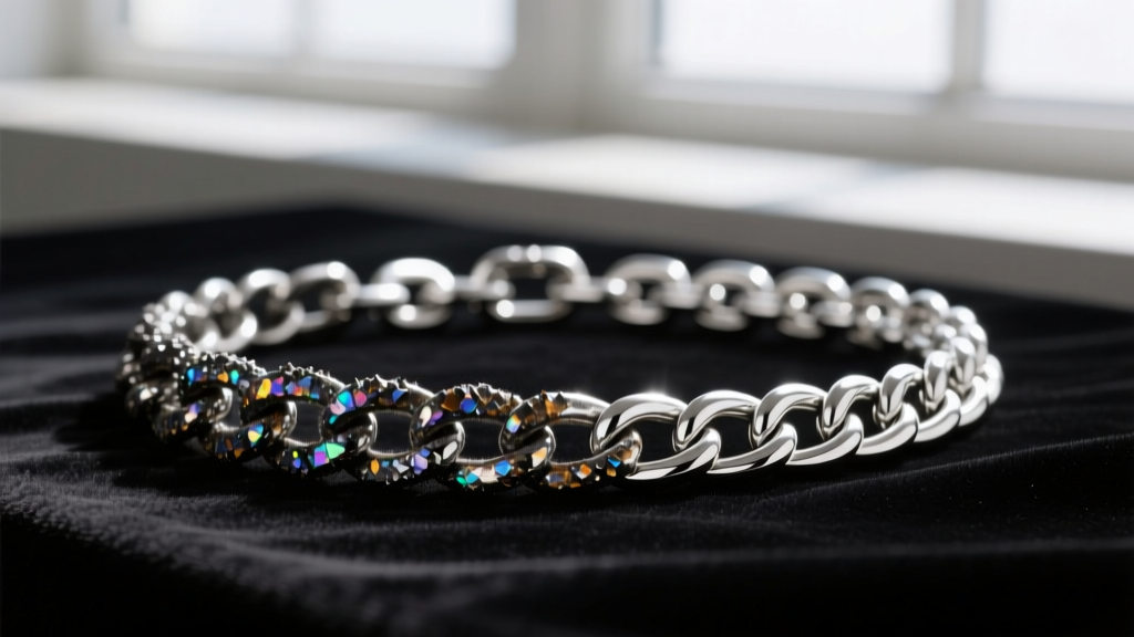 Macro shot of dark silver tarnish on a sterling chain on synthetic velvet, contrasting with a pristine chain on archival foam.