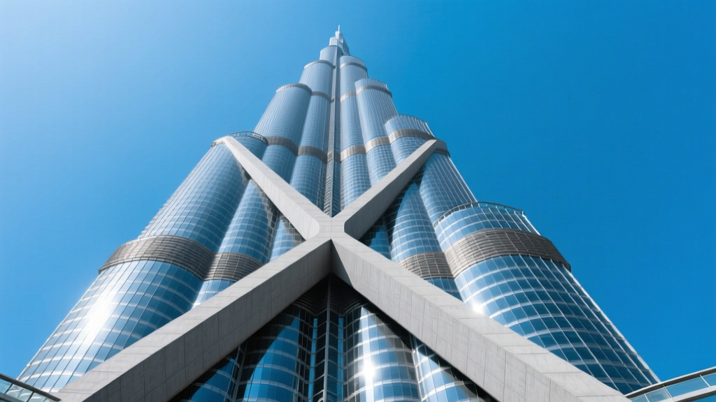 Low-angle architectural rendering of the Burj Khalifa Y-shaped buttressed core concrete structure rising against a clear blue Dubai sky