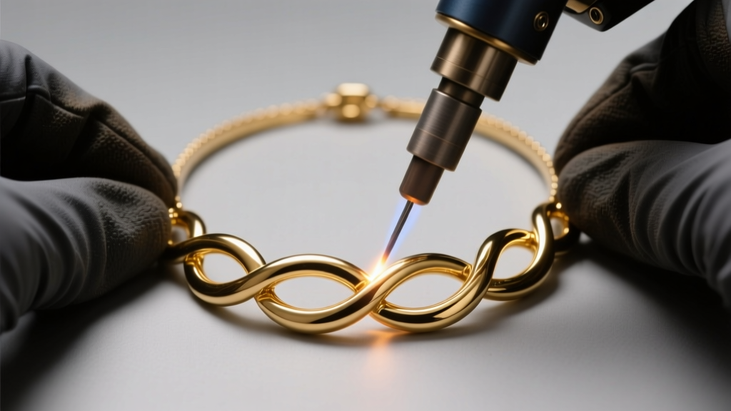 A jeweler using a laser welder to fuse the final seam on an 18k gold interlocking circle necklace, with bright studio lighting.
