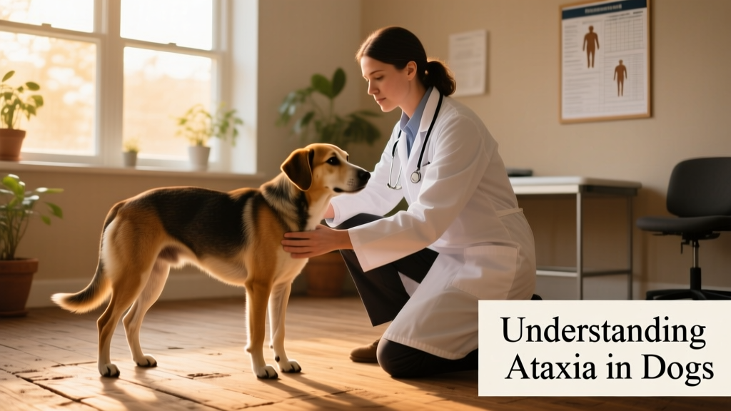 A veterinarian gently examining a dog’s gait and posture during a neurological assessment