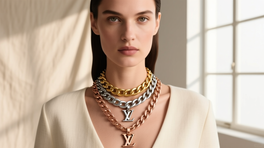 Model wearing layered stack of three LV chain necklaces in mixed metals with Empreinte pendants against a neutral linen backdrop.