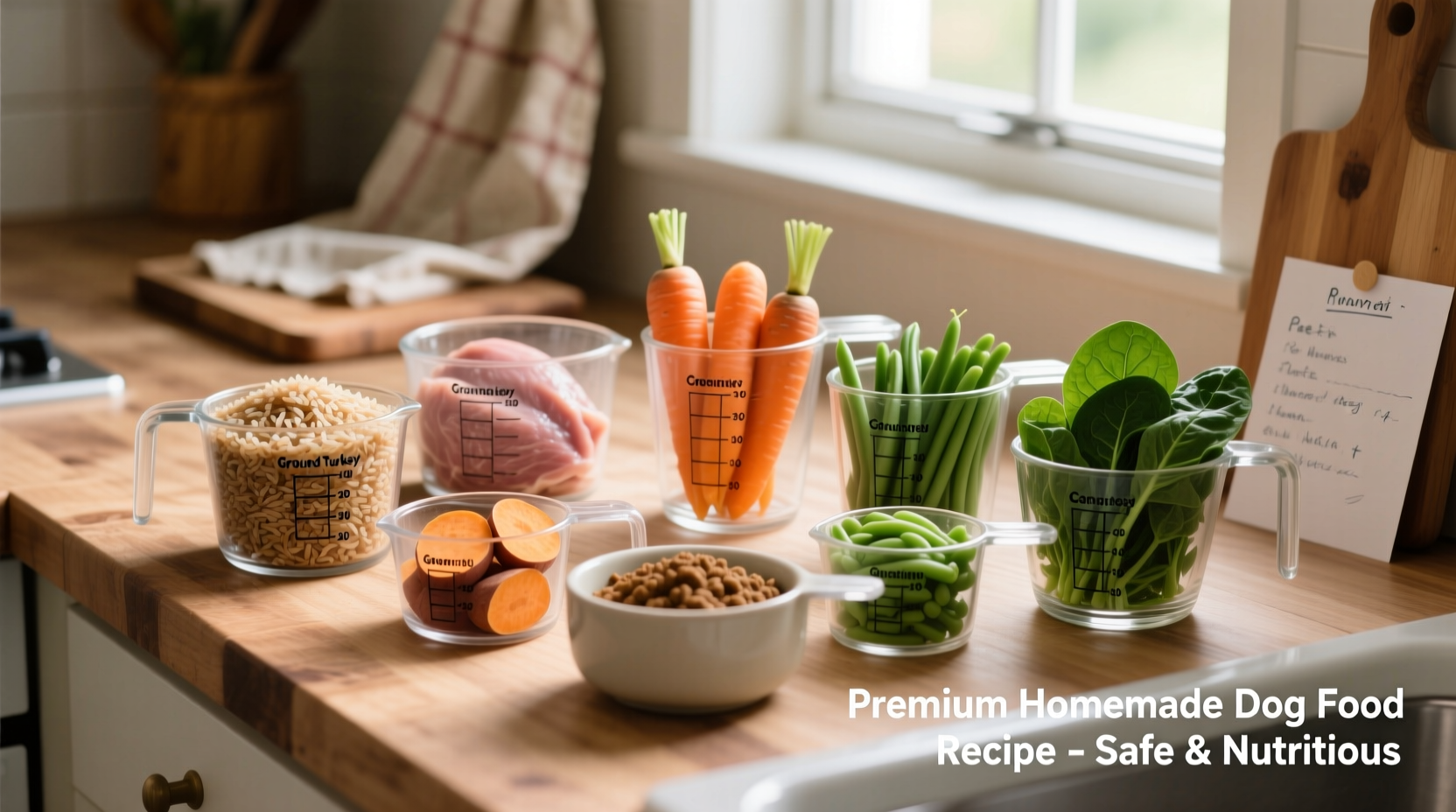 Homemade dog food ingredients in measuring cups