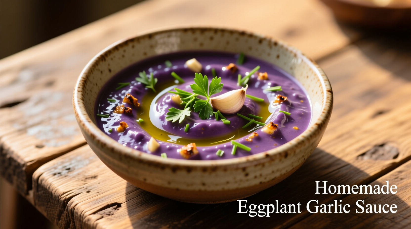 Creamy eggplant garlic sauce in ceramic bowl