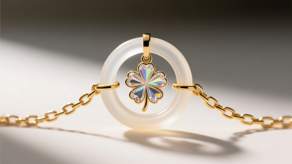 Macro shot of a clear silicone O-ring spacer on a fine gold chain, designed to stop a small clover pendant from flipping over.