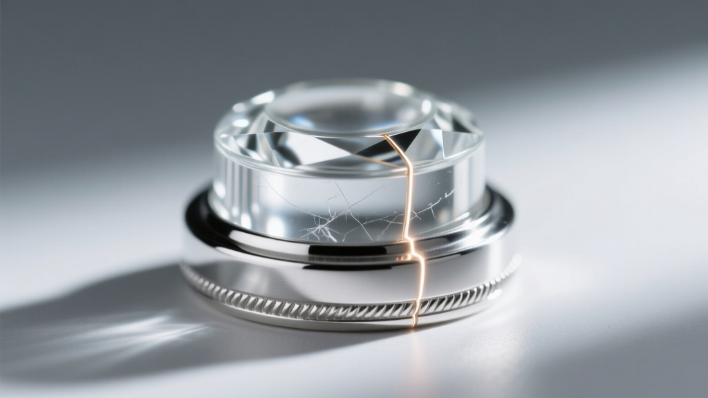 Macro shot of a laser-welded sterling silver bezel securing a mineral glass shaker chamber, highlighting the seamless metal seal.