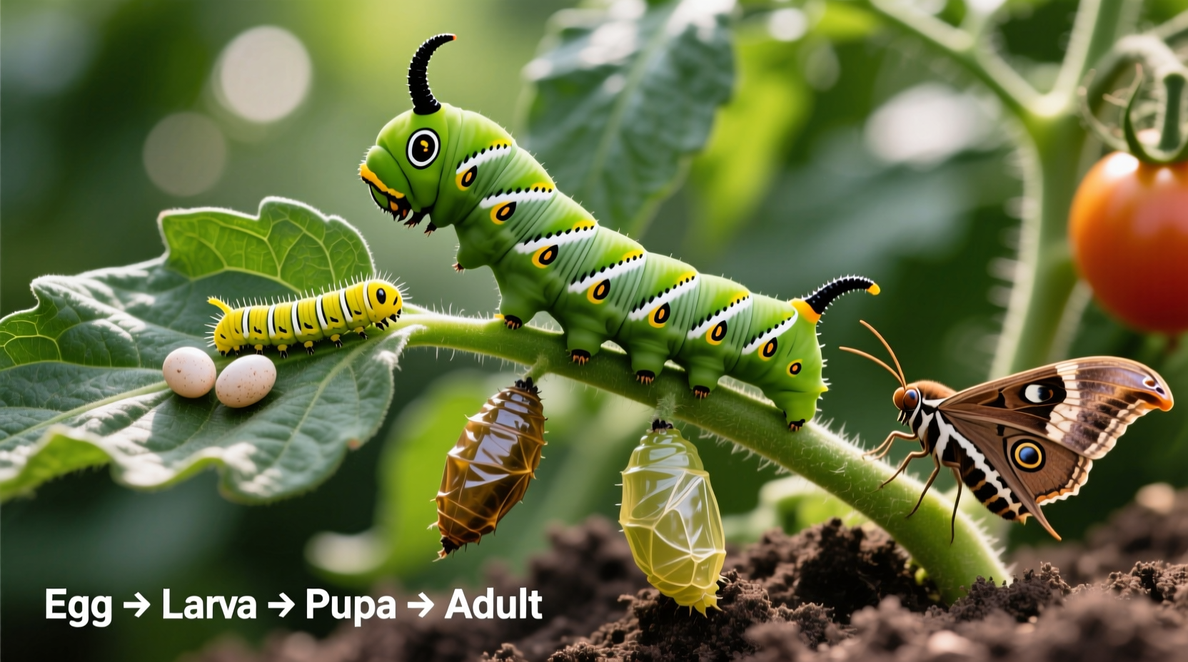 Tomato hornworm life cycle stages on tomato plant