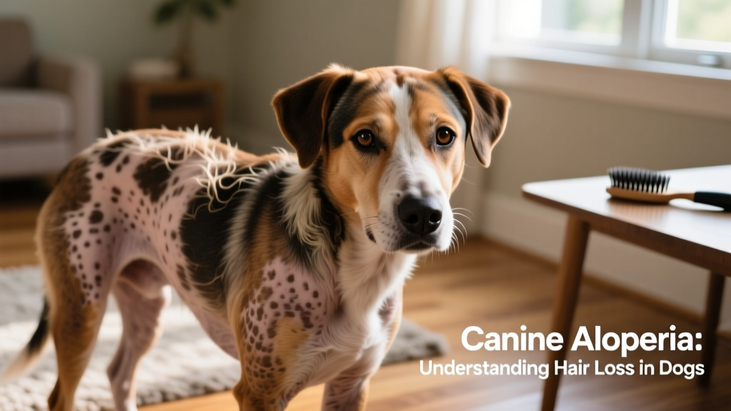 A dog with visible alopecia showing patchy fur loss