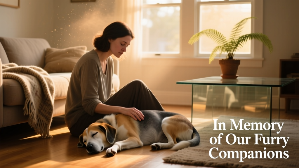A woman sitting quietly beside her sleeping dog on a sunlit living room floor
