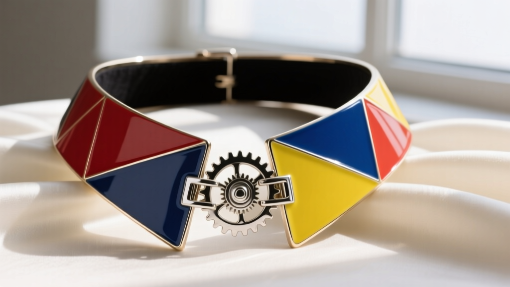 Profile of a Walter Van Beirendonck collar necklace with bright enameled geometric shapes and a heavy mechanical silver clasp