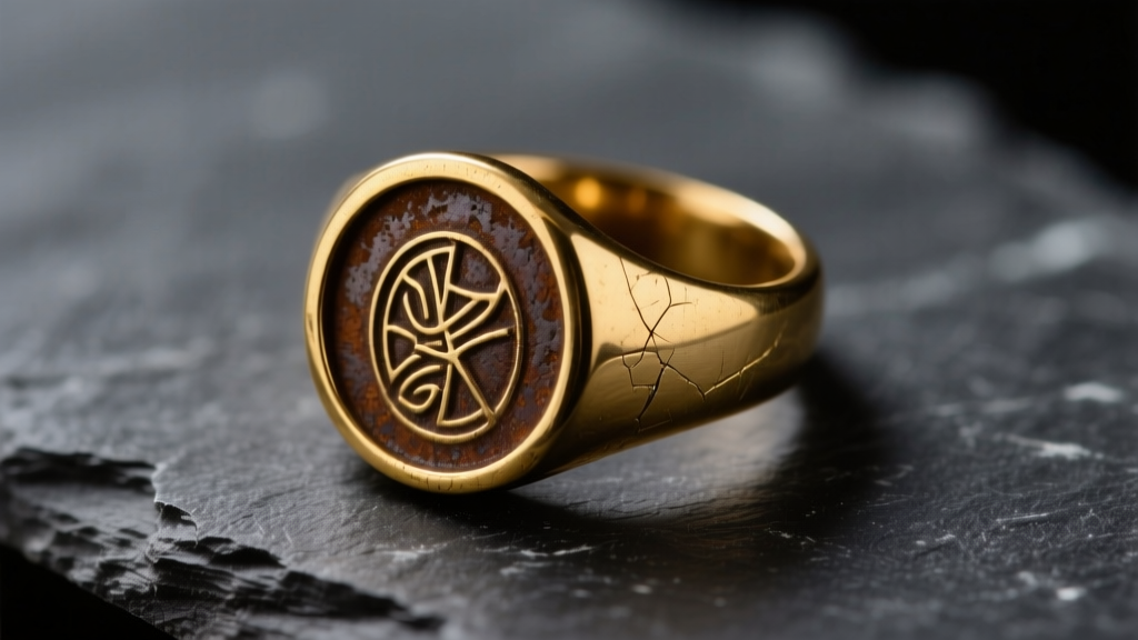 Macro shot of a tarnished brass signet ring on dark slate, showing dull brown oxidation against bright, polished golden edges.