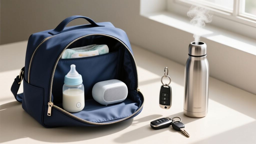 Portable bottle warmer and smart sound machine resting inside a stylish diaper bag next to car keys and a steel coffee thermos