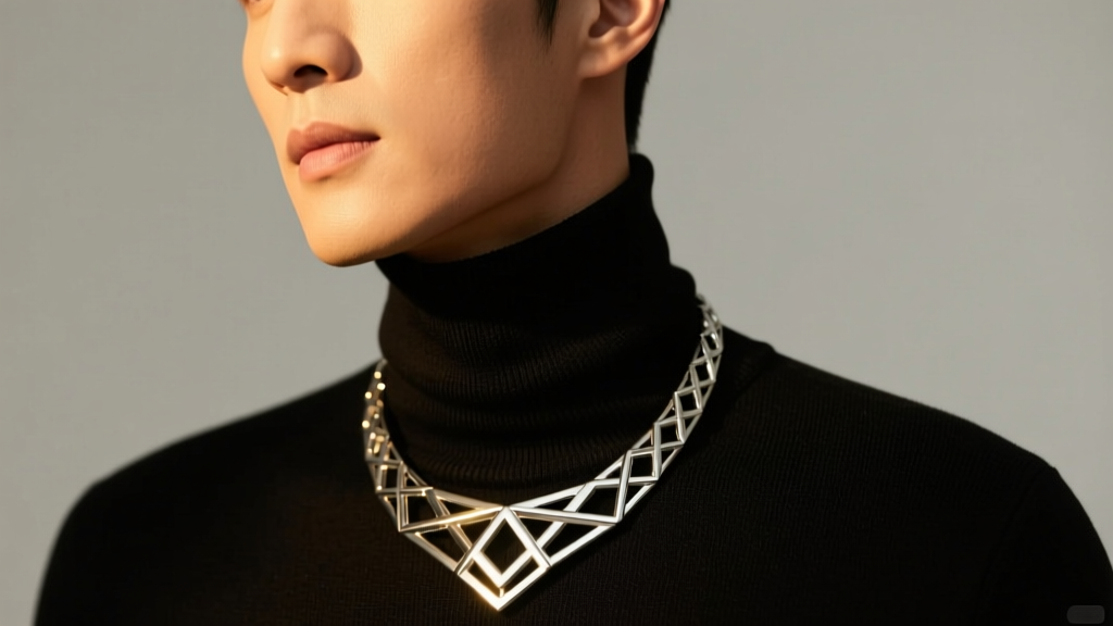 Man wearing a 24-inch stainless steel shagadelic pendant necklace over a black turtleneck sweater, lit by warm studio lighting.