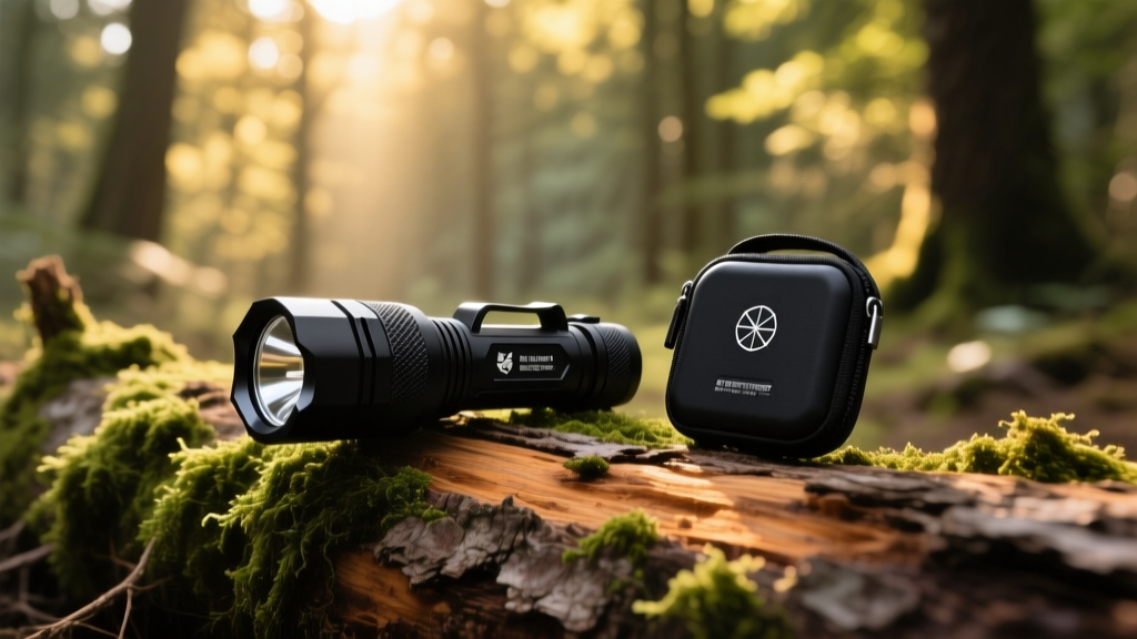 Matte black tactical flashlights and a satellite messenger arranged on a mossy pine log in dappled forest sunlight