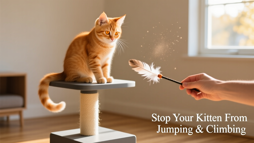 A calm, confident kitten sitting atop a FurPetVo cat tree, looking down at a human hand offering a feather wand toy