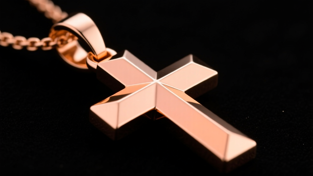 Side profile of an 18k rose gold chunky cross pendant showing its integrated bail and beveled edges catching warm studio light.