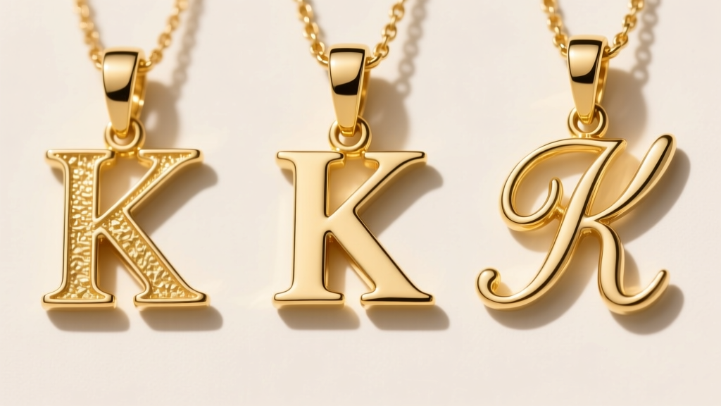 Side-by-side macro comparison of three gold K initial pendants featuring serif, sans-serif, and cursive script typography styles