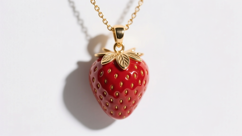 Red enamel strawberry pendant with gold-plated brass leaves on a delicate chain, showing slight wear, bright studio lighting.