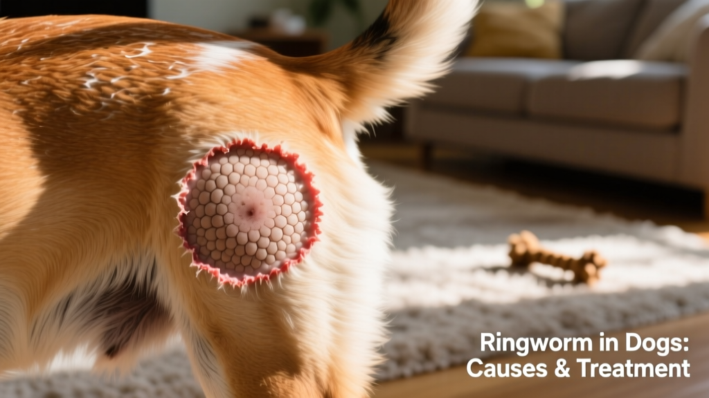 Close-up of circular, scaly bald patch on a dog's flank, showing characteristic ring-shaped hair loss