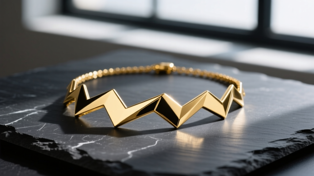 Polished 14k yellow gold lightning necklace on dark slate, highlighting sharp geometric angles and bright metallic surface shine.