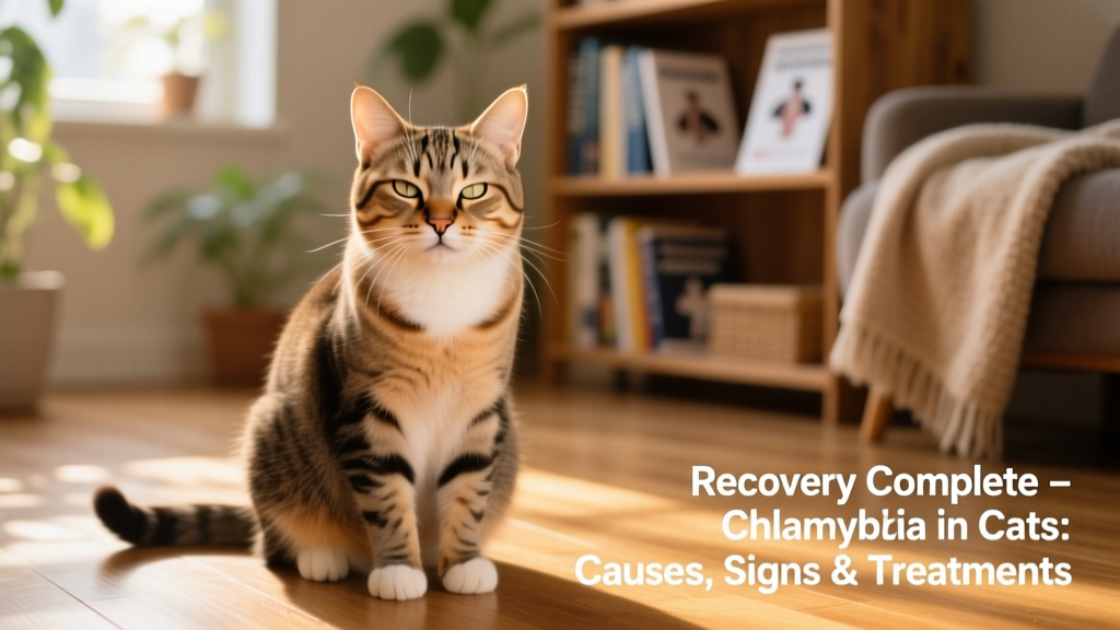Healthy adult cat blinking normally, with clear eyes and clean face—showing full recovery after treatment